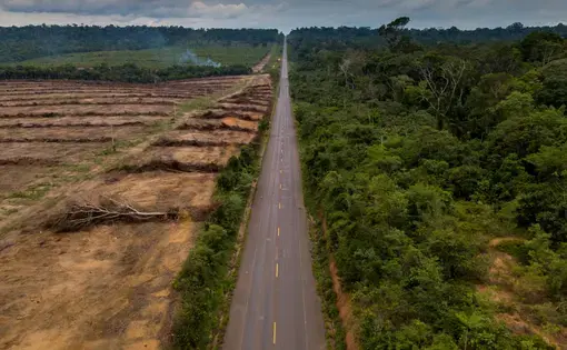 An aerial overview of deforestation in Brazil.