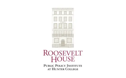 Roosevelt House logo. A black outline of the building and text underneath that reads: Roosevelt House Public Policy Institute at Hunter College.