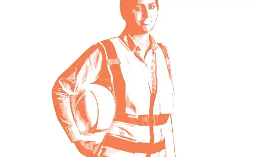 a construction worker wearing a protective vest and holding a hard hat under their arm
