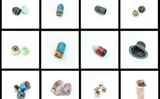 A three-by-four collage of less lethal weapon rounds.