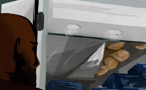 illustration, a man looks into the back of a truck and sees many packs of cocaine