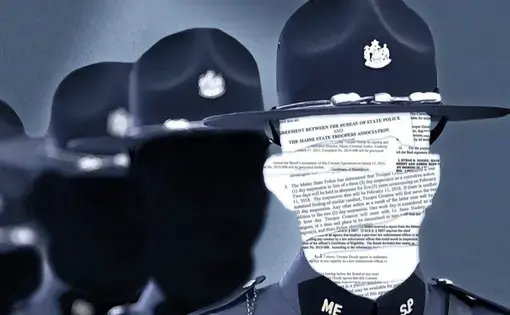 A collage of police records superimposed over state troopers' faces. Photo illustration by Coralie Cross/BDN. United States, 2021.