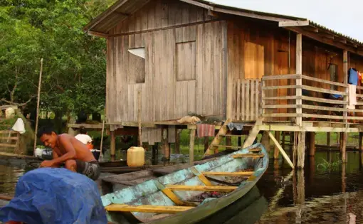 S. Copy of Vertical thumbnail template 34 (1536 × 2048px) template.png A person paddles a boat. In the foreground, there is a wooden shack on stilts.