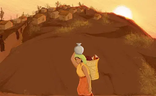 A drawing of a woman carrying water in a carafe on her head and supplies in a basket on her back