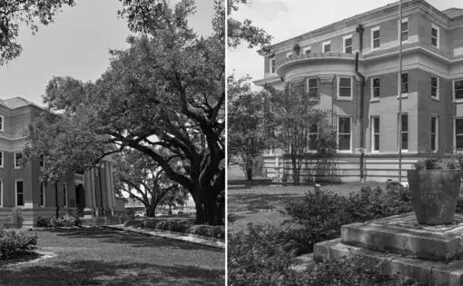 Left: A statue of a  man on an obelisk outside of a large brick home. Right: A flower pot where this man once stood.