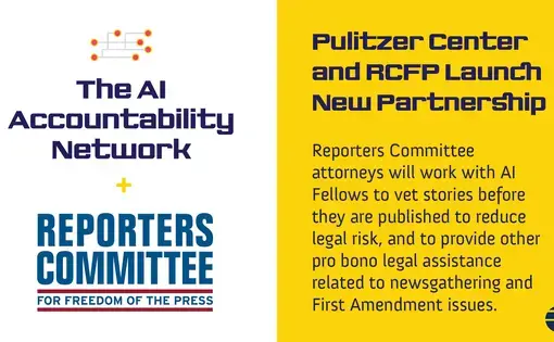 Graphic announcing AI Accountability partnership with RCFP