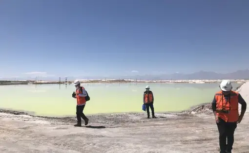 workers stand next to a chalky green desert laguna