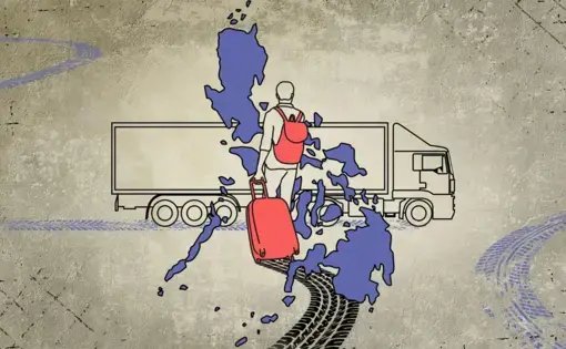 A blue graphic cutout of the Philippines overlays a sketch of a freight truck; a person with a red backpack and suitcase walks toward the truck and leaves tire marks in their wake.