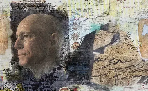 Collage graphic: photograph of Father Columba Stewart/ map of Mali/ photo of Tomb of Askia in Gao, Mali