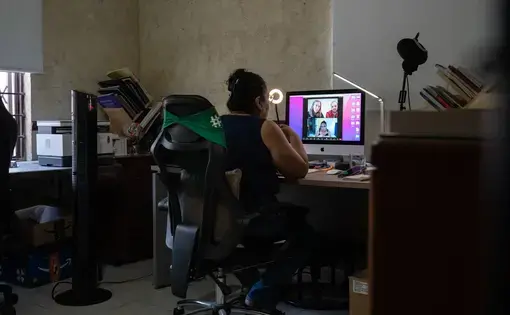 A woman on a Zoom call in her office.