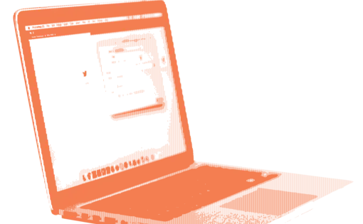 an orange halftone illustration of an open laptop