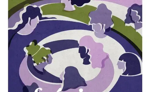 Sufragio podcast thumbnail art. Illustration of several women swirling around in an embrace. Green and shades of purple are used to color the stylized female figures. Folha de S. Paulo and Pulitzer Center logos are included in margins.