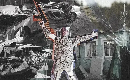 collage graphic of a russian soldiers' social media post in which he is celebrating. In the background are photos of a wrecked car, a shelled out living room, and rubble.