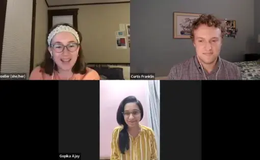 Zoom meeting screenshot of Libby Moeller, Curtis Franklin, and Gopika Ajay