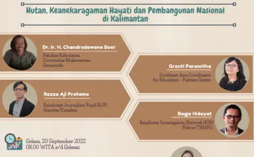 Event poster in bahasa Indonesia language, featuring four speakers: Dr. Ir. H. Chandradewana Boer, Grenti Paramitha, Rezza Aji Pratama, and Bagja Hidayat. 20 September 2022 at 8:00 WITA. Moderator Dr. Emi Purwanti. Event is free to join.