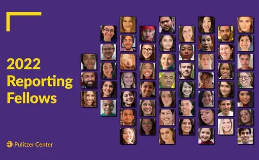on a purple background, a grid of headshots of the 2022 reporting fellows