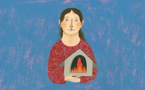 Illustration of a girl holding a small wooden house, inside of which is a flame. Text reads, 'not your refugee.'