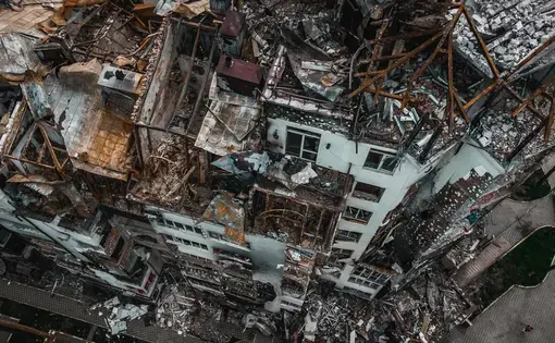 shutterstock_2158858641.jpg an aerial shot of ruined buildings in war-torn Ukraine