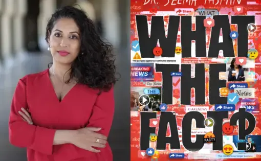 Left: Image of Dr. Yasmin standing with her arms crossed, smiling, in a red shirt. Right: What the Fact book cover.