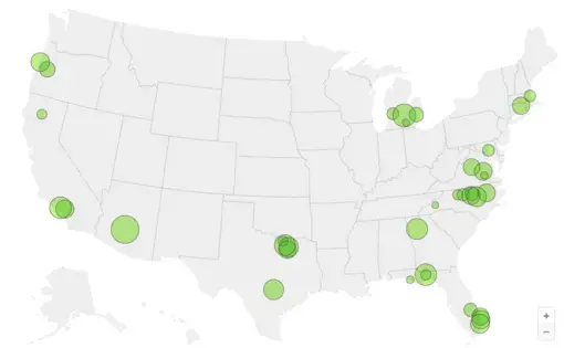A heat map showing college campuses using Social Sentinel around the U.S.