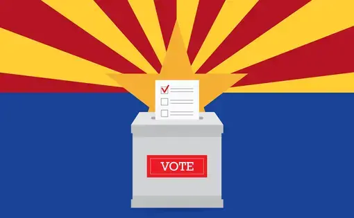 An illustration of a ballot box overlays the Arizona state flag.