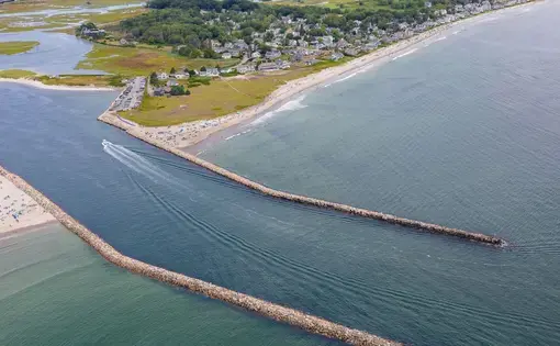 The jetties at the approach to Wells harbor.