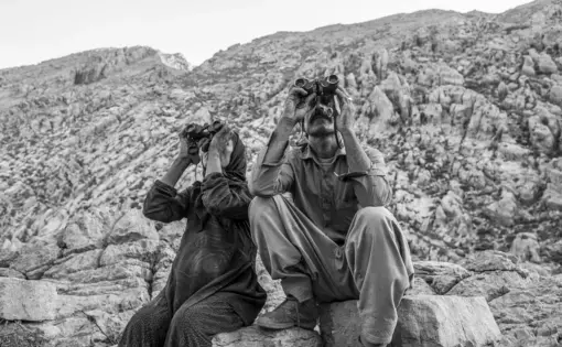 Two people gaze up at the sky through binoculars