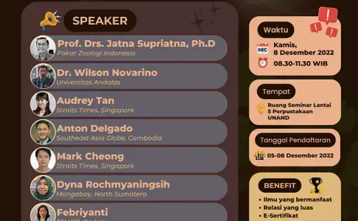 Event flyer in bahasa Indonesia featuring a list of speakers