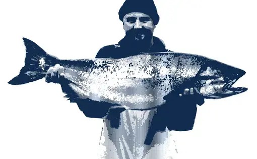 a navy halftone illustration of a sailor wearing a knit hat holding a large fish in his hands