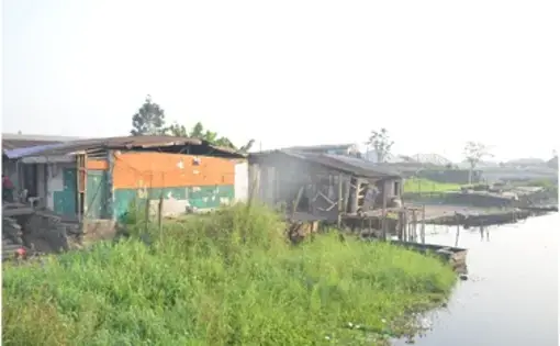 Corrugated steel homes on a river shore