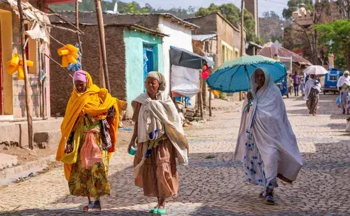 Elder tigray women return from the morning Mass at the church of Our Lady of Zion on April 27, 2019 in Aksum, Ethiopia.