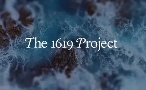 Lapping ocean with overlaid white serif text: "The 1619 Project"