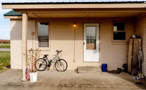 An image of the back porch of a wooden house paited a pale pink. A bicycle leans against a wall.