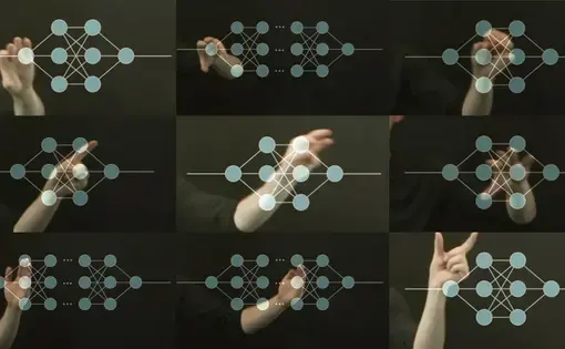 Nine small images with schematic representations of differently shaped neural networks, a human hand making a different gesture is placed behind each network.
