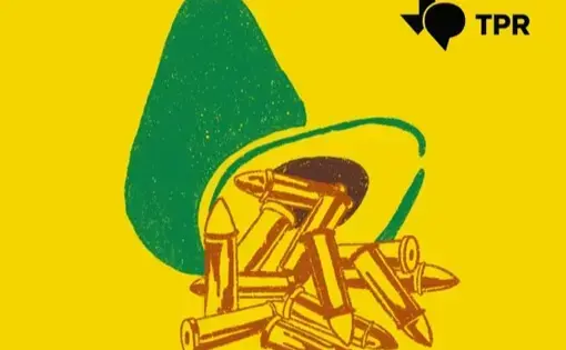 Caliber 60 podcast logo: an avocado and bullets. Image courtesy of Texas Public Radio