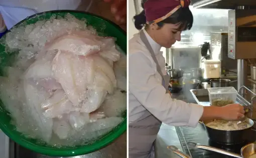 Left: A colander of white fish fillets, prepared for cooking. Right: A chef stirs a saucepan of bubbling liquid.