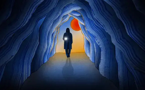 A drawing of a person entering a cave with a flashlight