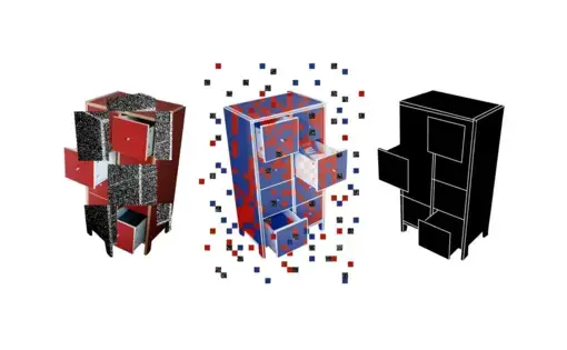 Illustration of three digitally-distorted bureaus.