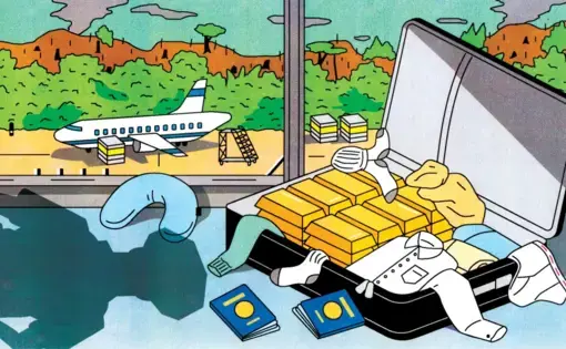Shadow of police officer cast over a suitcase full of gold open in an airport terminal.