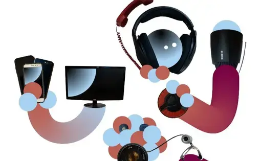 An illustration containing electronical devices that are connected by arm-like structures. Anton Grabolle / Better Images of AI / Human-AI collaboration / CC-BY 4.0.