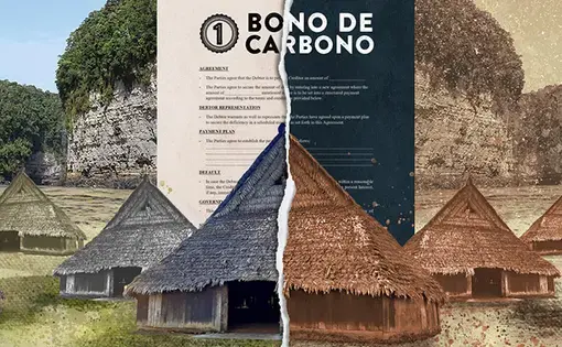 Un documento en el que se lee "Bono de Carbono" detras de unas cabañas de paja.