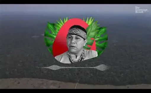 An graphic with an Indigenous person and an audio strip beneath them