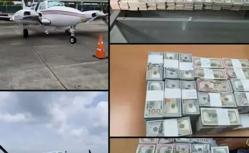 Image collage of small aircraft and piles of cash.