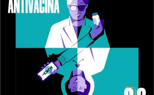 The Antivax Network podcast thumbnail art. Medical professionals' faces are split with those of dodgy characters, one holding a pill bottle and the other holding a mobile device with an anti-vax symbol, crossing over a syringe.