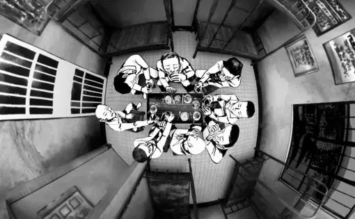 Black and white illustration of a group of incarcerated people sitting around a small table in a prison cell. They are sharing a meal.