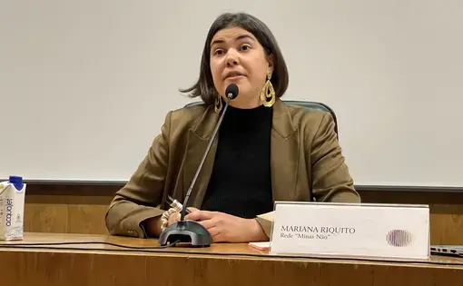 Researcher Mariana Riquito speaks during the keynote "Climate Coloniality" at Climate and Labor: Bringing Worlds Together.