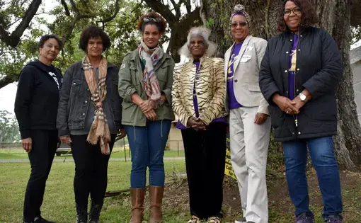 A group of middle aged and elderly women pose together standing in front of a tree.
