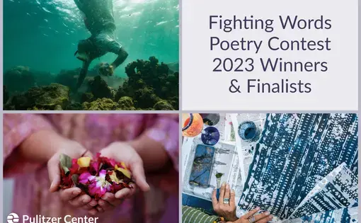 Graphic for the 2023 Fighting Words Poetry Contest, showing images from select news stories that students responded to in their poem.s
