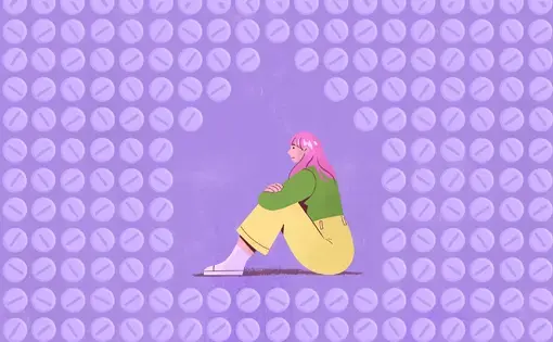 Illustration. A young woman sits on the ground and is surrounded by pills.