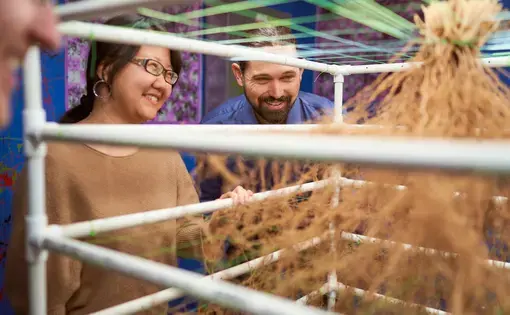 Two scientists observe a 3D model of a root system, surrounded by a frame of white pipes.